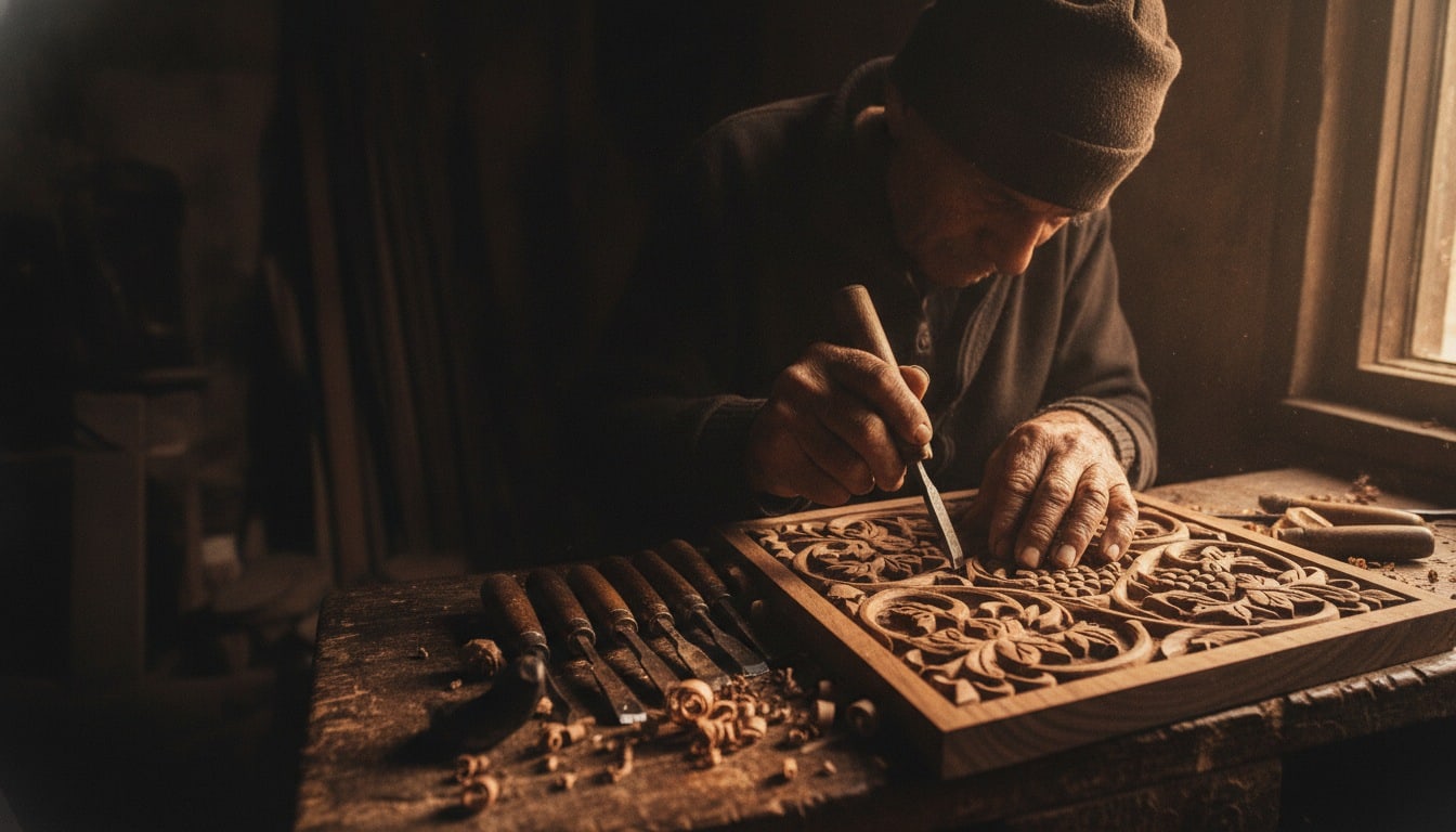 A Kashmiri woodcarver cutting chinar relief into walnut