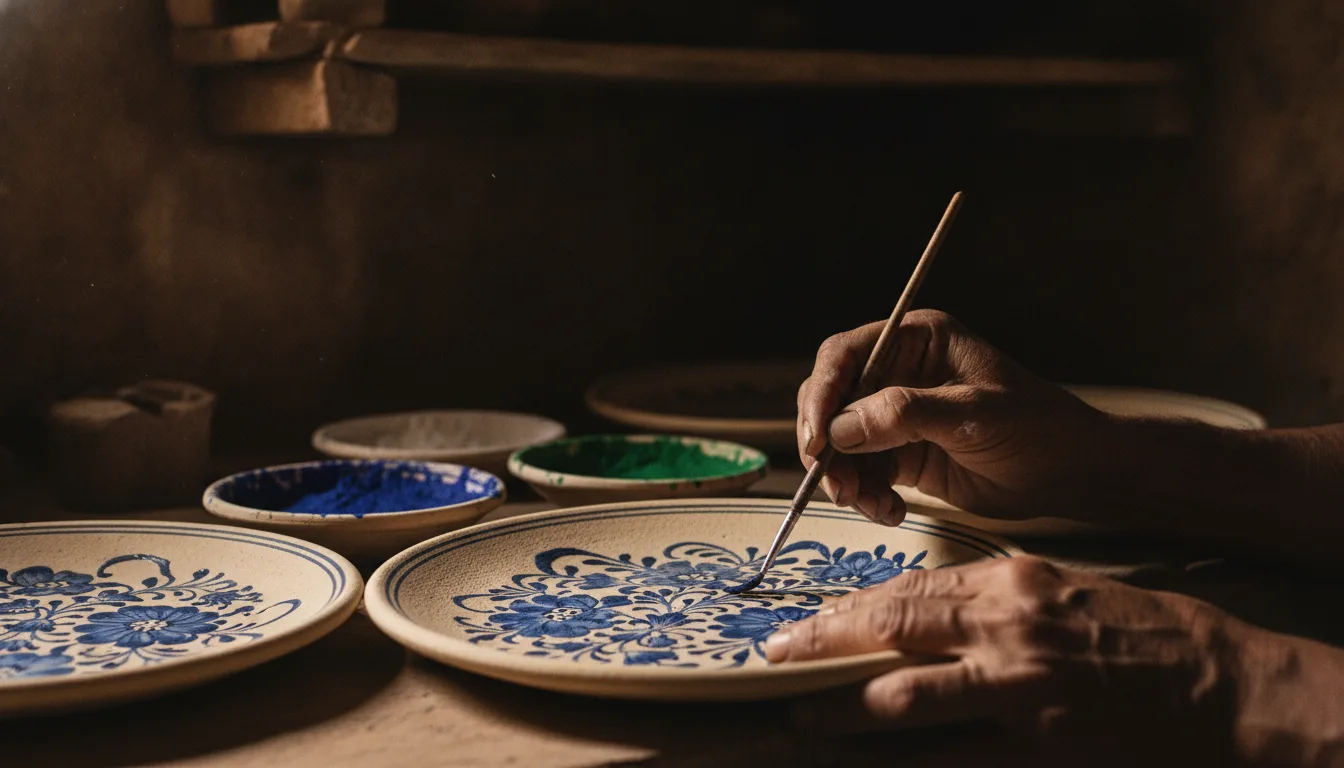 An artisan painting blue pottery by lamplight